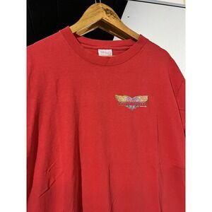 Vintage 80s 90s GUESS Red Small Logo Distressed T Shirt OSFA Fits Like An XL